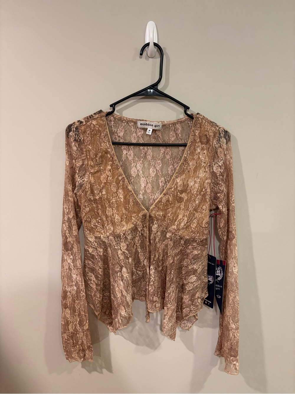 Madden Girl Taupe Sheer Lace Long-Sleeve V-Neck Top